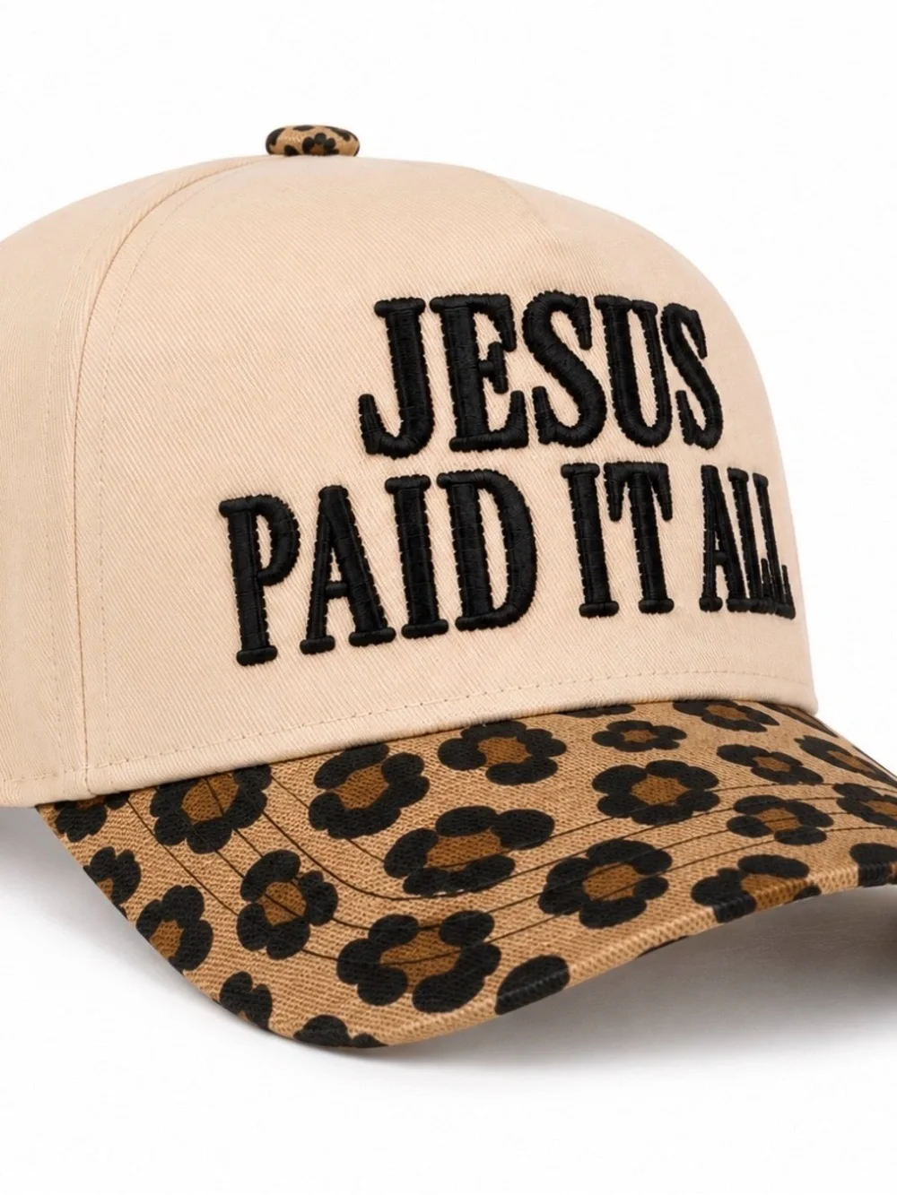 “Jesus Paid It All” Embroidered Trucker Hat | Cream Leopard Faith Cap NWT